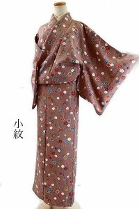 【送料無料】美品 小紋 小豆色　梅　縮緬 身丈158.5cm 裄丈65cm かわいい 吉祥花 袷 仕立て上がり 正絹 m-4230