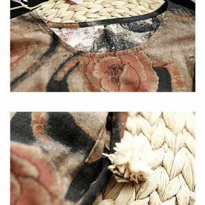 トップス ワンピース チュニック 腰紐で調整ロング丈 綿麻素敵プリント柄の画像4