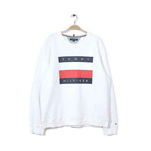 【送料無料】 トミーヒルフィガー ビッグロゴ スウェット ホワイト 白 前V サイズXL TOMMY HILFIGER 古着 @CF0530