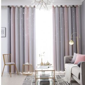 訳あり⑬ 二重カーテン レース付き 可愛い ピンクxグレー グラデーション 透かし彫り星 1枚 遮光カーテン UVカット