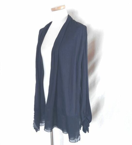 BEATRICE ベアトリス　異素材コンビ　裾シフォン　カーディガン　サイズ38　ネイビー　紺　カットソー素材　羽織り 日本製
