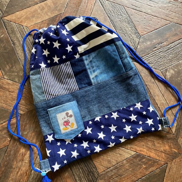 リメイクデニム ハンドメイド 体操服袋 ミッキー おしゃれ 入学準備