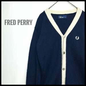 レア　ユニセックス　FRED PERRY フレッドペリー　モヘヤ55%　ニット　カーディガン　ネイビー　刺繍ロゴ　ライン　