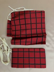 レトロ　婦人　女性　着物　付け帯　装着　名古屋帯　化繊　赤×黒の格子紋様　銀のラメ糸使い　帯枕付き　ワンタッチ　保管品