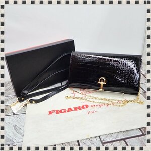 【 美品 】 フィガロ パリス チェーン ショルダーバッグ パテントレザー ブラック系 ポシェット FIGARO PARIS 【 付属品有 】