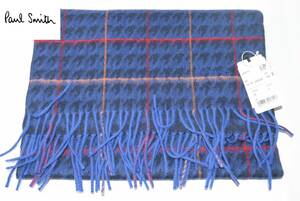 ☆新品未使用☆Paul Smith カシミア100％ 千鳥格子チェック ダブルフェイス マフラー☆ブルー系☆サイズ180㎝×31㎝☆定価26,400円