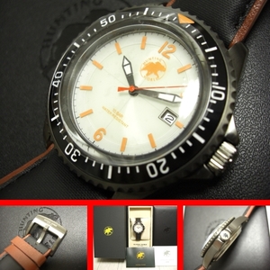  shortage of stock! hard-to-find! popular white face! chopsticks .- Cross & original leather belt tea x black! titanium case & solar rechargeable diver watch!. Hunting World 