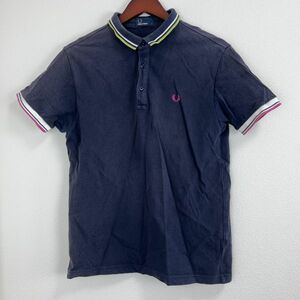 FRED PERRY フレッドペリー メンズ 半袖 ポロシャツ トップス Lサイズ 大きいサイズ ロゴ 刺繍 綿100% ネイビー 紺色 襟付き カジュアル