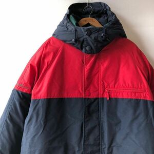 レア! 90s Eddie Bauer 白タグ フード ダウンジャケット L 3トーン ビンテージ 90年代 エディーバウアー 紺 赤 緑 オリジナル ヴィンテージ