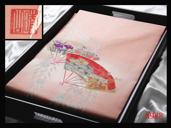[N988] Carefully selected masterpiece, artist's work, Shiose, hand-painted Yuzen dyeing, fan-shaped floral pattern, persimmon-colored ground, high-quality art Nagoya obi, ◇Inspection◇ Hairpin, kimono, bag obi, Nagoya obi, obi-jime, band, Nagoya Obi, Ready-made