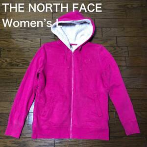 【送料無料】THE NORTH FACE裏ボアジップアップスウェットパーカーピンク×白　レディースLサイズ　USA古着ザノースフェイス裏起毛