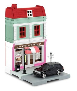 完成品ダイキャストミニカー　1/64　ジオラマストリート　No.04　アイスクリーム屋＆ランドローバーレンジローバースポーツ黒　送料無料