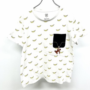 graniph × Curious George グラニフ×おさるのジョージ S メンズ Tシャツ バナナ 猿の刺繍 半袖 綿100% ホワイト×イエロー×ブラック 白