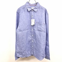 【新品】THE SHOP TK ザ・ショップ ティーケー L メンズ シャツ 無地 長袖 胸ポケット 麻100% リネン ヘザーネイビー×レッド×ブルー 杢紺_画像1