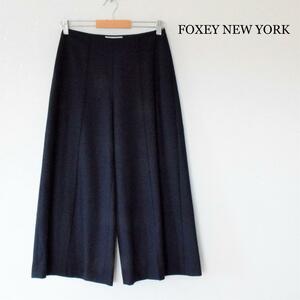 美品 FOXEY NEW YORK フォクシーニューヨーク サイズ38 ワイドパンツ スラックス センタープリーツ ストレート 紺 ネイビー