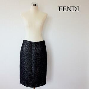  хорошая вещь FENDI Fendi 46 большой размер ламе твид узкая юбка midi длина колени длина чёрный черный 
