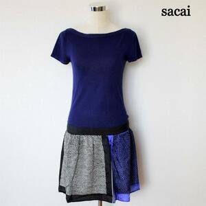 良品 sacai サカイ サイズ1 ボートネック 半袖 膝丈 切り替え フレア ドッキングワンピース フレアワンピース マルチカラー