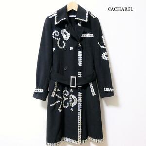 美品 CACHAREL キャシャレル サイズ36 ボタン装飾 総柄 チェスターコート トレンチコート ウエストベルト ロング ダブルブレスト ブラック