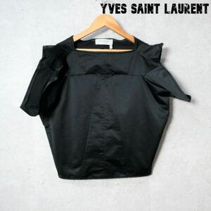 美品 Yves Saint Laurent イヴサンローラン サイズF36 スクエアネック 半袖 変形 ブラウス カットソー サテン生地 黒 ブラック