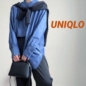 UNIQLOユニクロ◆コットンツイルスタンドカラーロングシャツSブルー