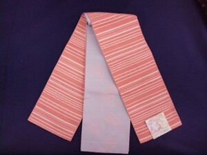 半幅帯　0761　四季織　ピンク色　縞柄　レターパック発送(代引き不可）