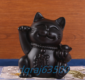 極美品 花梨木彫 招き猫 招財 職人手作り　木彫り インテリア 開運 仏像 子宝 玄関 客間の置物