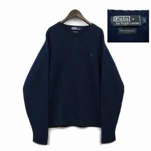 サイズ L ポロ ラルフローレン Polo Ralph Lauren Vネック ウール ニット セーター ロゴ ワンポイント ネイビー 古着 2JA2881