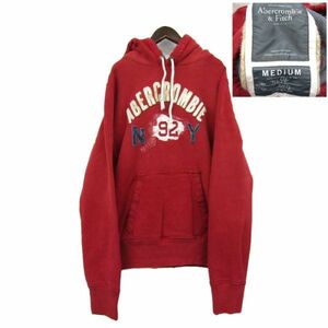 サイズ MEDIUM マカオ製 アバクロンビー&フィッチ Abercrombie&Fitch プルオーバー パーカー フーディー ロゴ ワッペン レッド 古着 2F0793