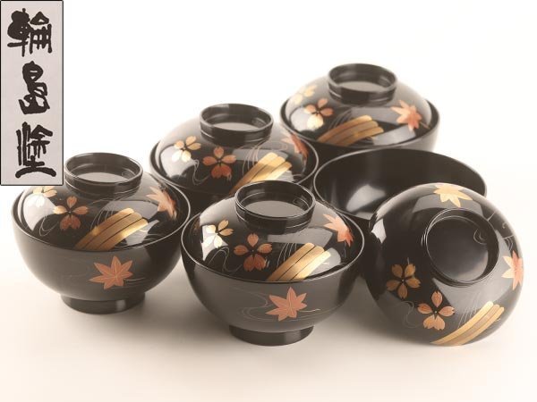 琴》送料無料 能登輪島塗 松村建 雪月花蒔絵煮物椀五客 共箱 WH806 ...