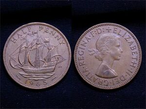 【イギリス】 1965年 ハーフペニー 1/2 Penny エリザベス2世 帆船 銅貨