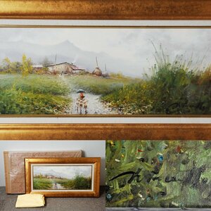 Art hand Auction 现代西班牙绘画 Marsillo 油画风景与羊 650 x 270 带框, 绘画, 油画, 自然, 山水画