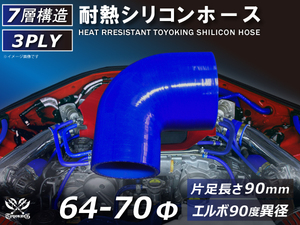 TOYOKING 耐熱 シリコンホース エルボ90度 異径 内径Φ64⇒70 青色 片足長さ90mm ロゴマーク無し 接続 汎用品