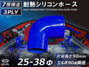 TOYOKING 耐熱 シリコンホース エルボ90度 異径 内径Φ25⇒38 青色 片足長さ90mm ロゴマーク無し 接続 汎用品