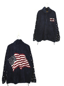 古着 90s USA製 Bear Ridge 星条旗 フラッグ パターン フリース ジャケット XL 古着