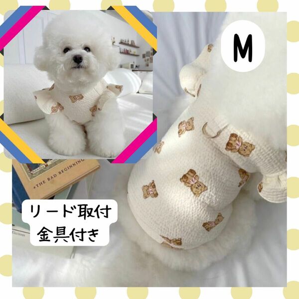 クマ柄リード取付金具付袖フリル Mサイズ 犬服 お散歩 春物 ペット用