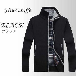 ジャケット 【黒】 M メンズ 服 ニット ジップアップ 裏起毛 裏フリース ブルゾン カーディガン ゴルフウェア 40代 50代 60代 冬 春 2