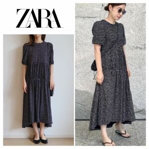 ZARA ドット　ギャザー入りワンピース　半袖　ワンピース　L コットン100％　ロングワンピース 20210703