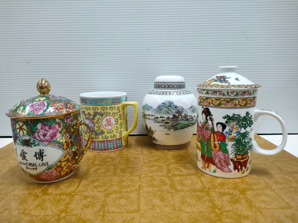 激レア 中国骨董 古代お姫様4人の絵柄付き、大きめな茶缶、茶器 雑貨