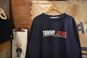 グッドプリント◎90sビンテージTOMMY JEANSトミージーンズ ロゴプリントクルーネックスウェットトレーナーMネイビー紺アメカジn23166