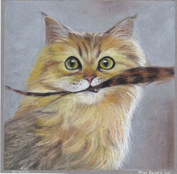 ☆오리지널 일러스트 먹잇감을 보여주는 귀여운 표정의 자랑스러운 고양이, 삽화, 그림, 파스텔 페인팅, 크레용 그림