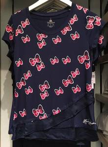 ■■日本非売■アメリカ米ディズニーパークス紺ミニー赤リボン柄フリル付Tシャツ海外ディズニーランドM～L大人ディズニー外国サイズ