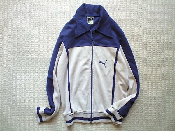 即決 70s vintage PUMA 西ドイツ製 襟付き アクリル ニット ジャケット ジャージ OPTI ベージュ ネイビー size6 ヴィンテージ プーマ