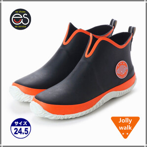 ★新品★【JW228_BLK-ORANGE_24.5】 ゴム製のスポーティレインシューズ 完全防水のショートブーツ 晴雨兼用 男女兼用