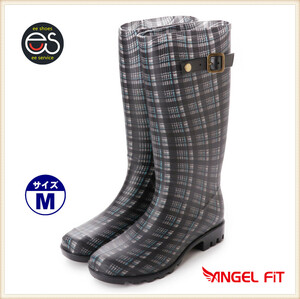 * new goods *[18032_BLACK-CHECK_M] woman long height rain boots black check pattern . slide sole rain . ten thousand all 