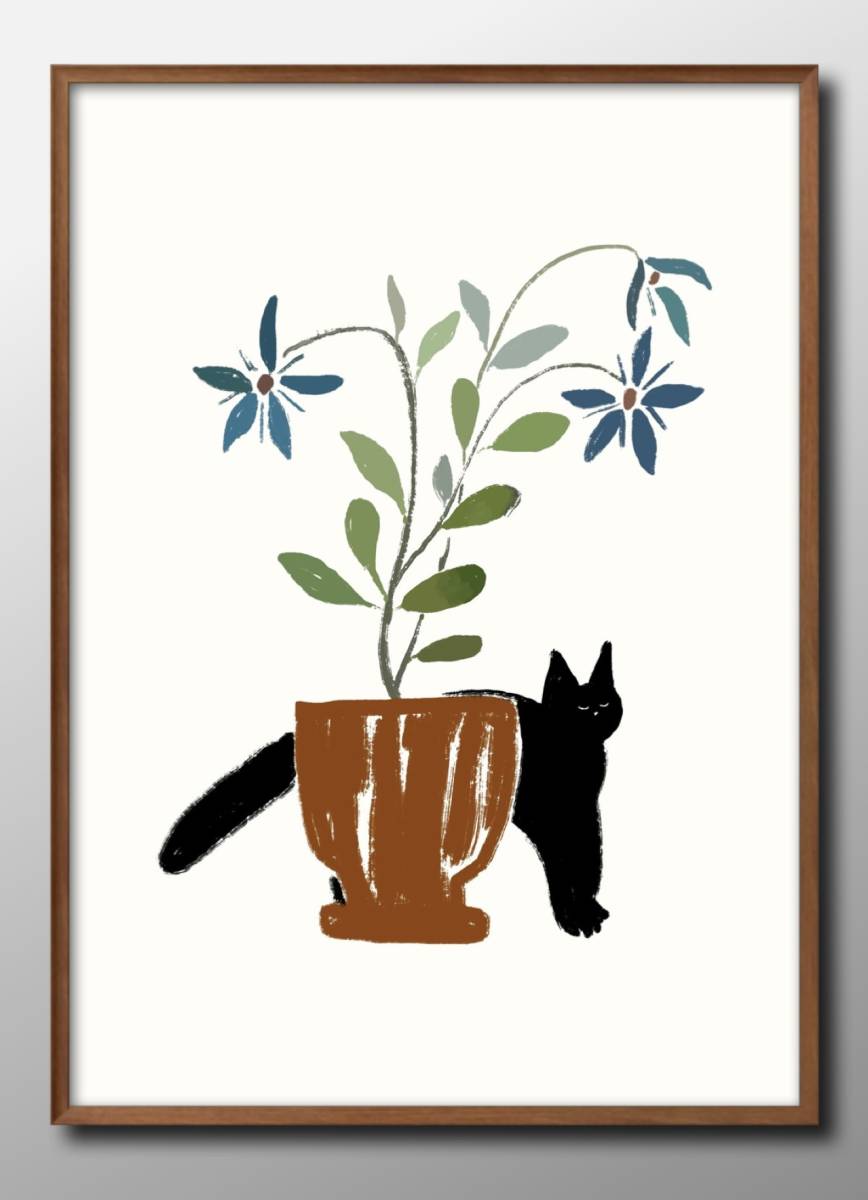 12867 ■Livraison gratuite !! Affiche d'art peinture format A3 chat et fleur en pot fleur chat illustration design papier mat nordique, Logement, intérieur, autres