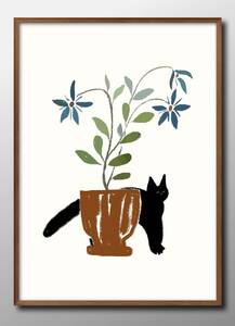 Art hand Auction 12867■Free Shipping!!Art Poster Painting A3 Size Cat and Potted Flower Flower Cat Illustration Design Scandinavian Matte Paper, residence, interior, others