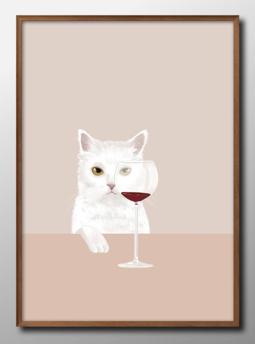 12993 ■ Livraison gratuite !! Affiche d'art peinture format A3, illustration de vin et de chat, design nordique en papier mat, Logement, intérieur, autres