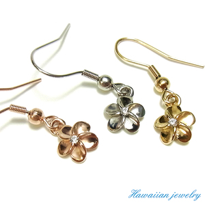 * popular * Hawaiian jewelry * allergy & hot spring & sea water .OK* one-side ear * stainless steel earrings * pink GD& Gold & silver & plumeria & zirconia 