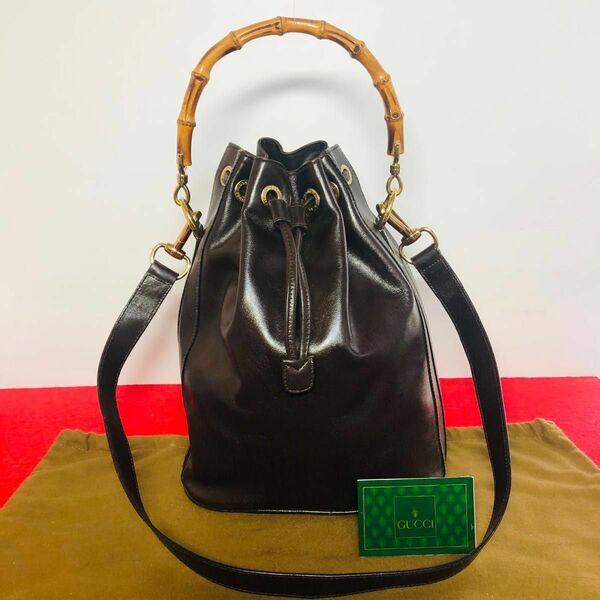  【極美品】☆GUCCI グッチ バンブー レザー 巾着型 2WAY バッグ ブラウン系 