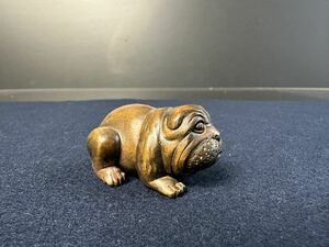 [HG774] 木製 根付 ブルドッグ 細密彫刻 提げ物 煙草入れ 木彫 拓植 犬 フレンチブル